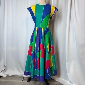 1980s Howard Wolf Malcolm Starr Color block Midi Dress XS Pockets Keyhole Back